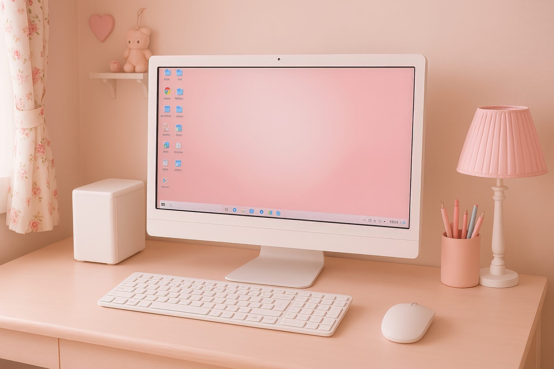 ピンクで統一された可愛いPCデスク