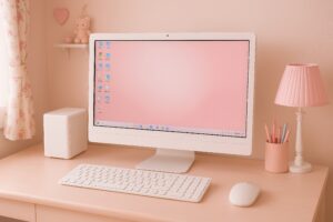ピンクで統一された可愛いPCデスク
