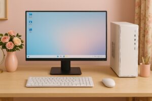 ホワイトPCと淡色デスクセットアップ