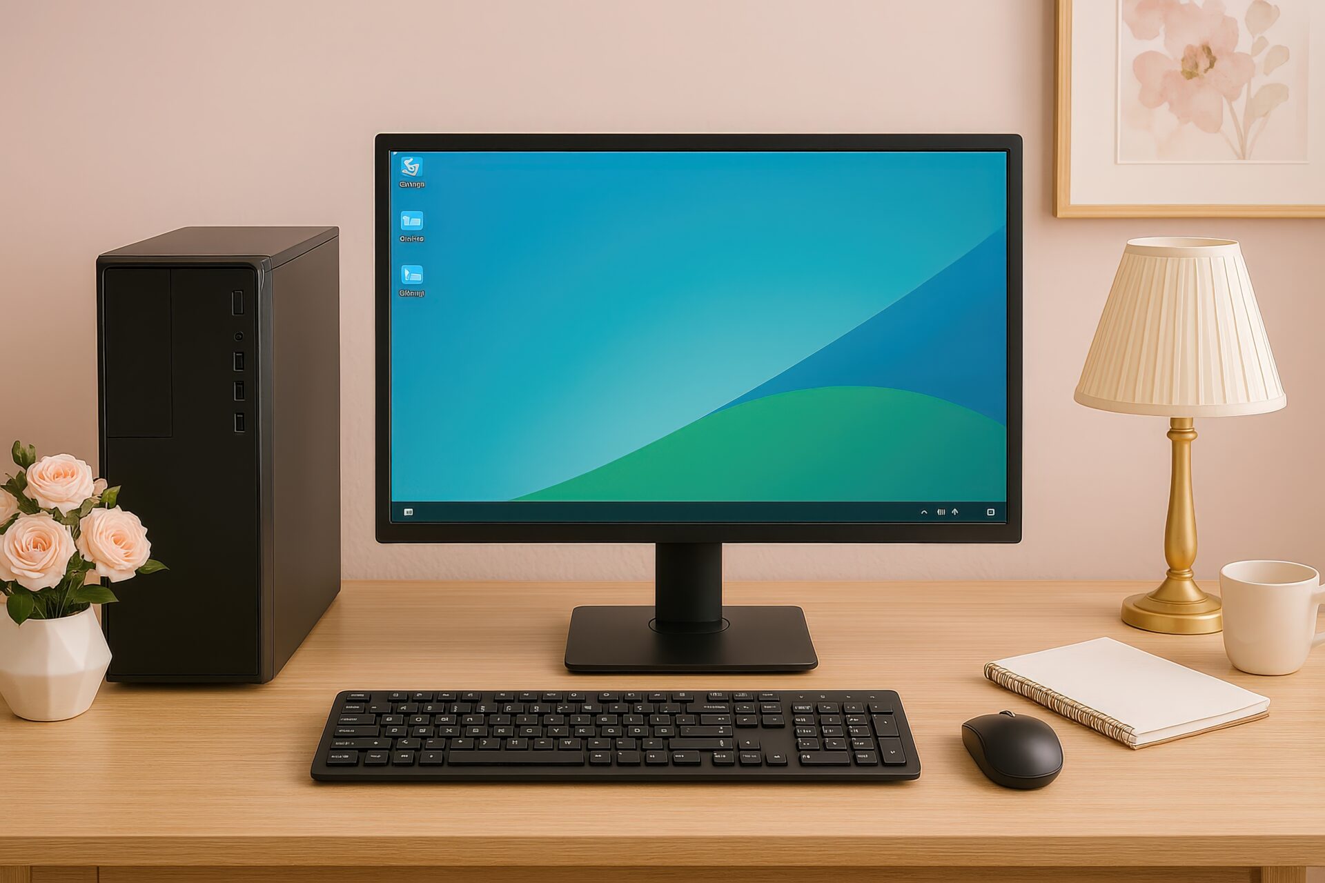 ナチュラルデスクと黒のPCセット