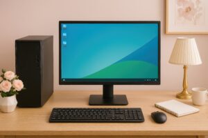 ナチュラルデスクと黒のPCセット