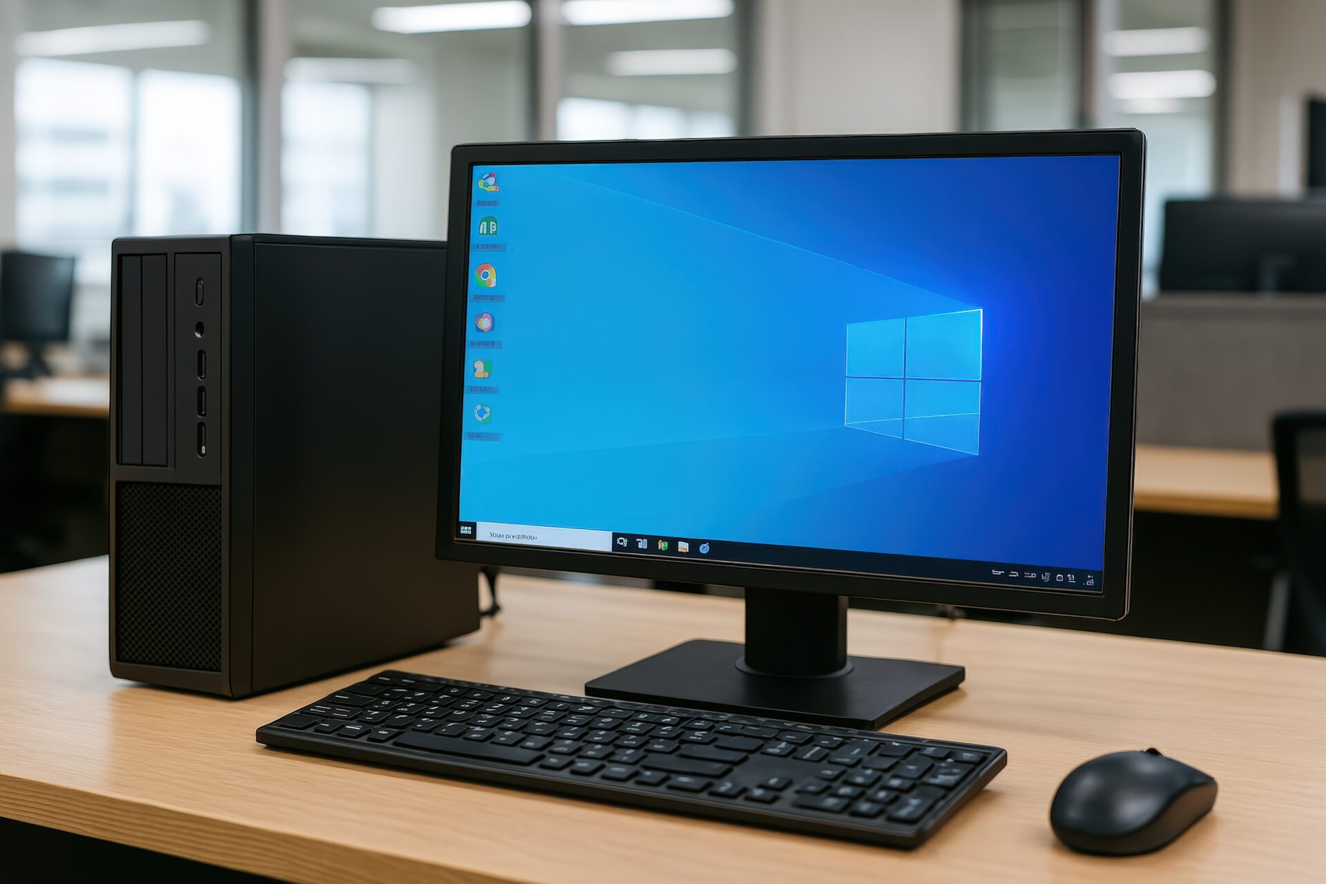 起動中のPCと整理されたオフィス環境