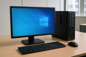 窓際のデスクと黒いPCセット