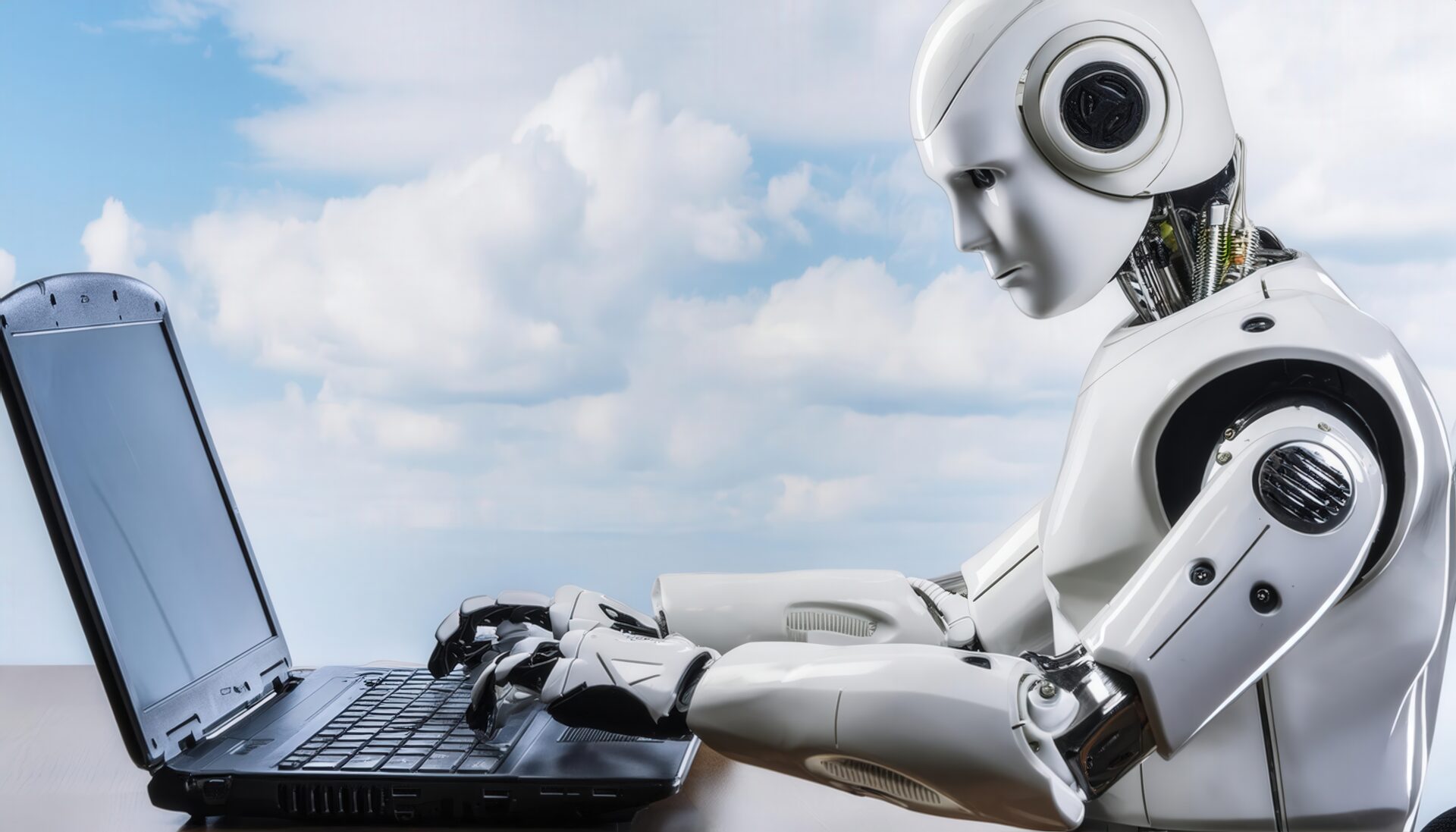 青空の下でノートパソコンを操作するロボット