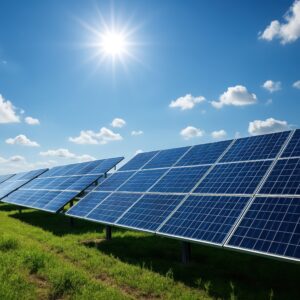 日差しの中のソーラーパネル群