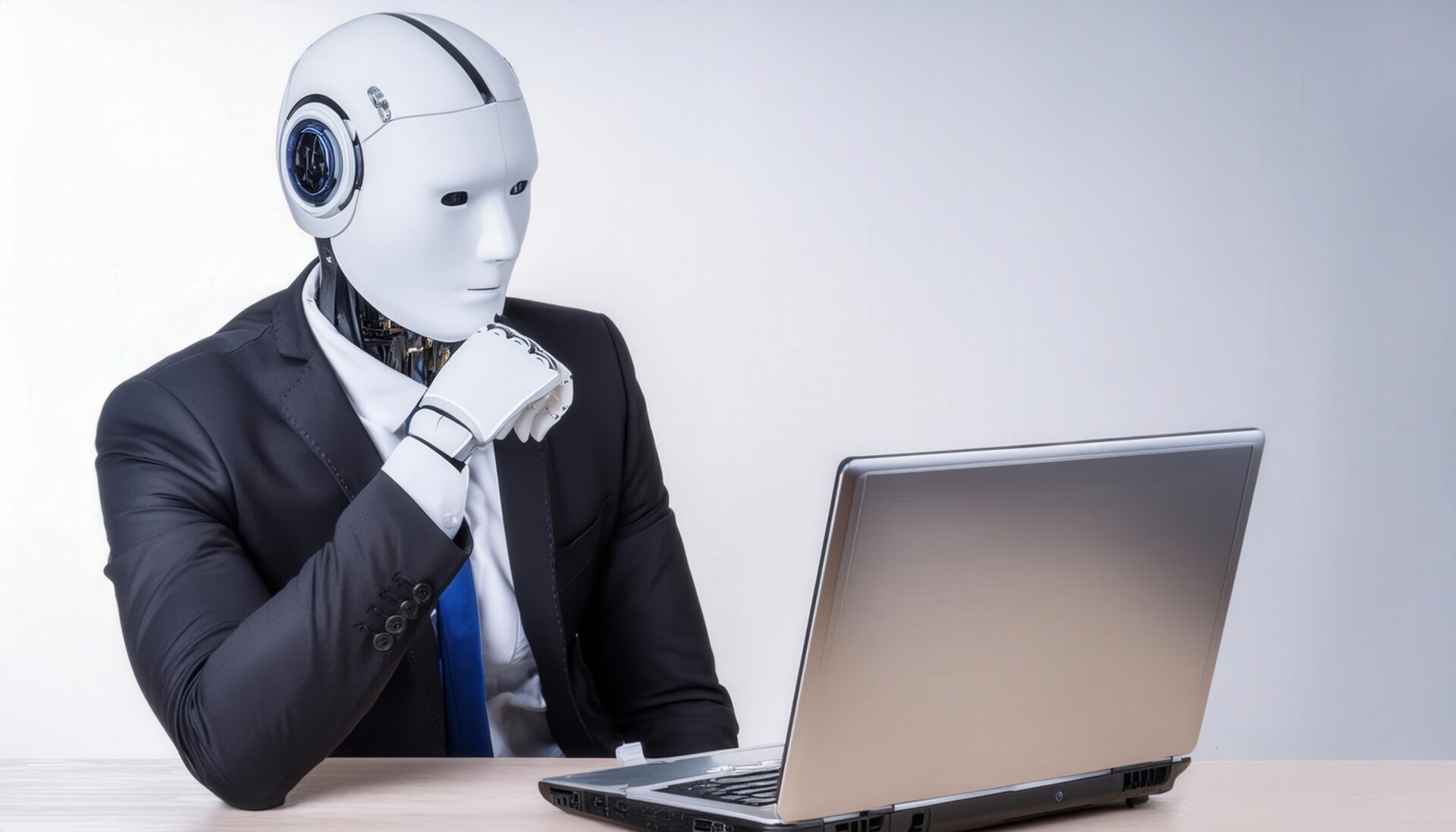 スーツを着てノートパソコンを見つめるロボット