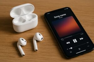 ワイヤレスイヤホンと音楽アプリ画面