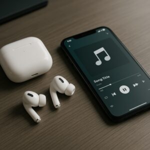 スマホとイヤホン、暗めのトーンで再生中