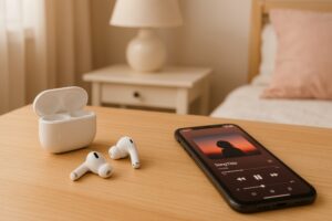 ベッドサイドの音楽再生風景