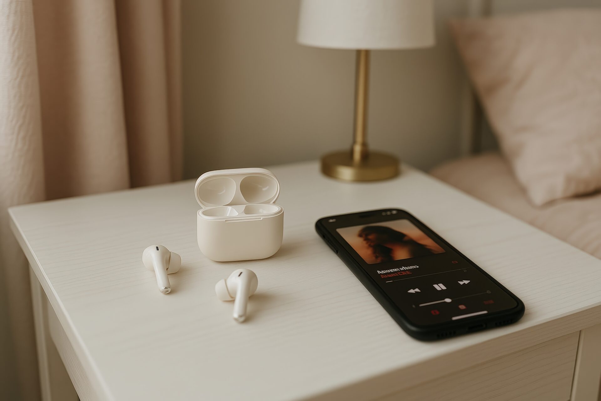 ナイトテーブルのスマホとイヤホン