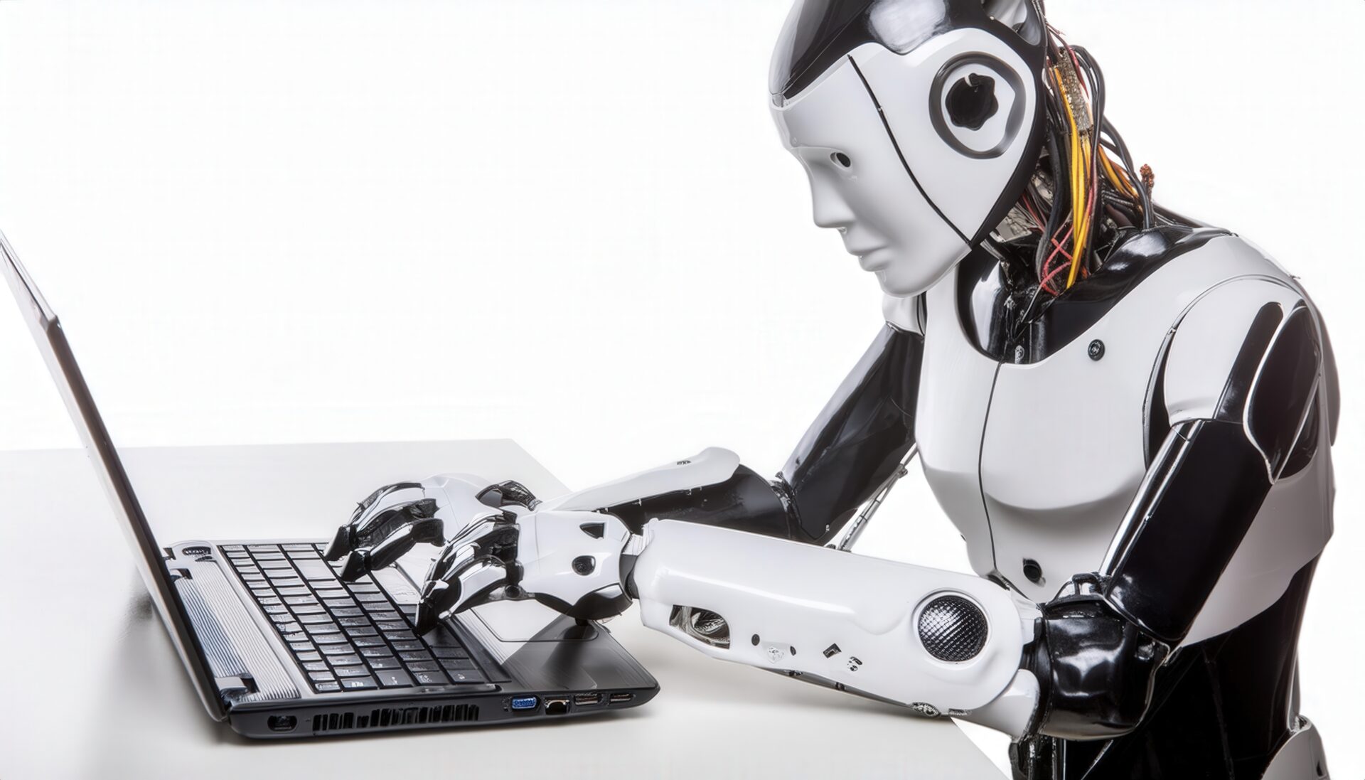 ノートパソコンを操作するロボットと配線が見える背面