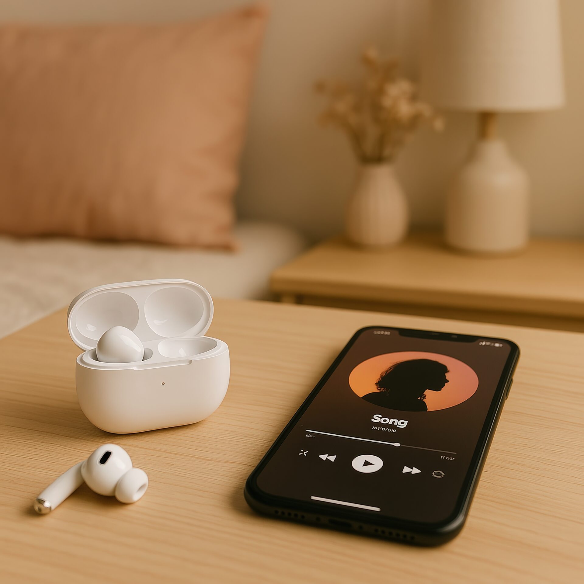 ベッドサイドで音楽再生中のスマホ