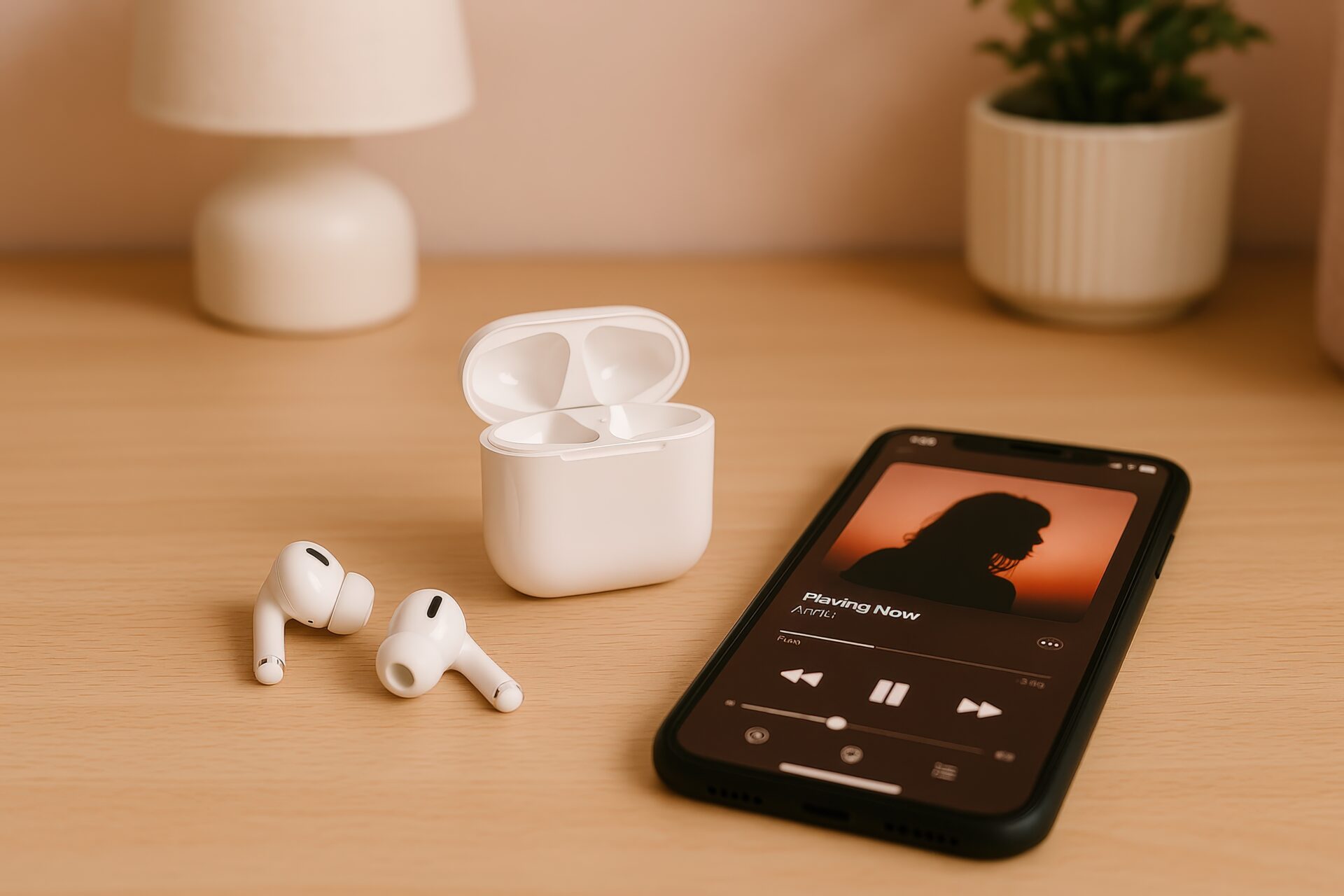 ワイヤレスイヤホンとスマホ音楽画面