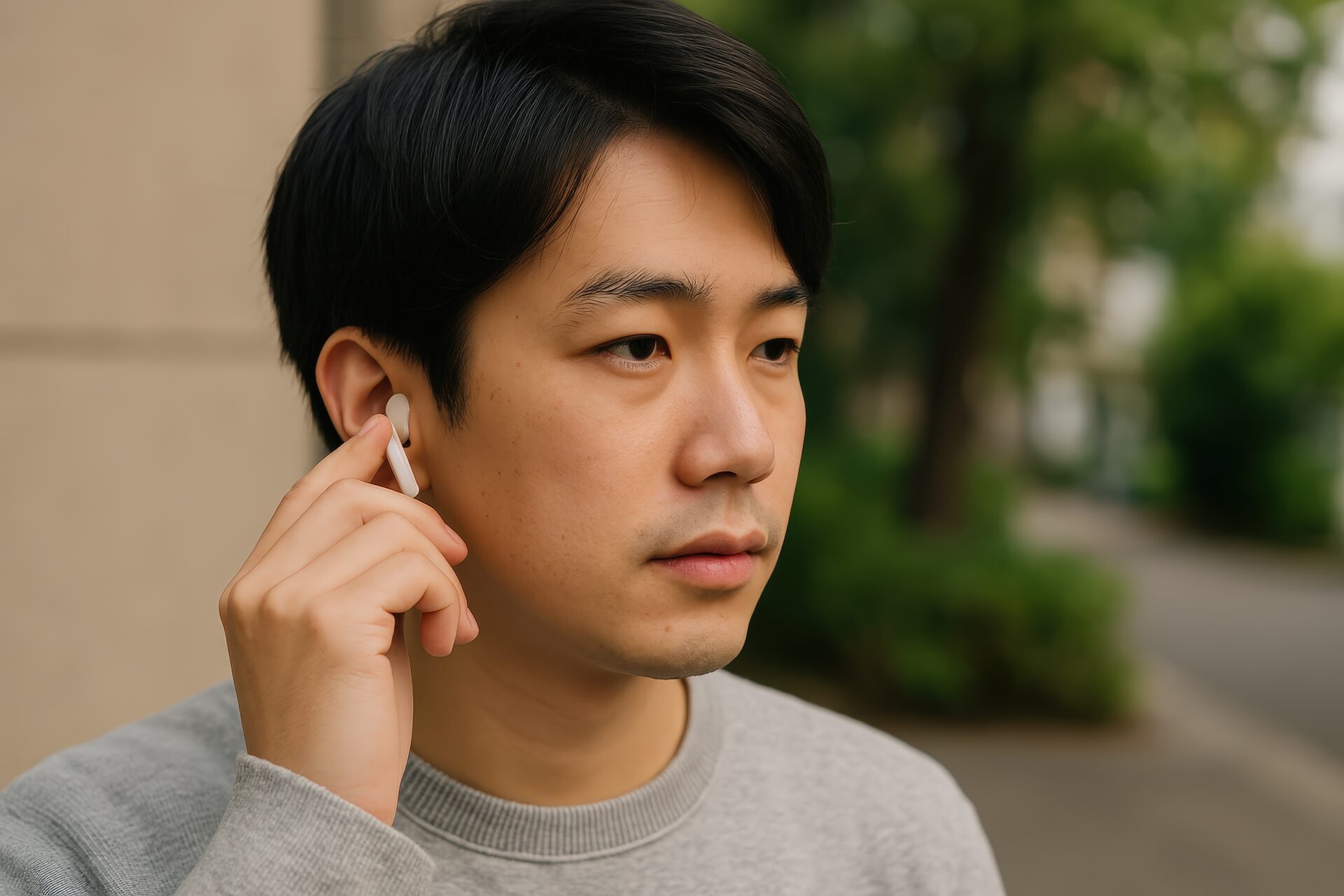 ワイヤレスイヤホンを装着する人