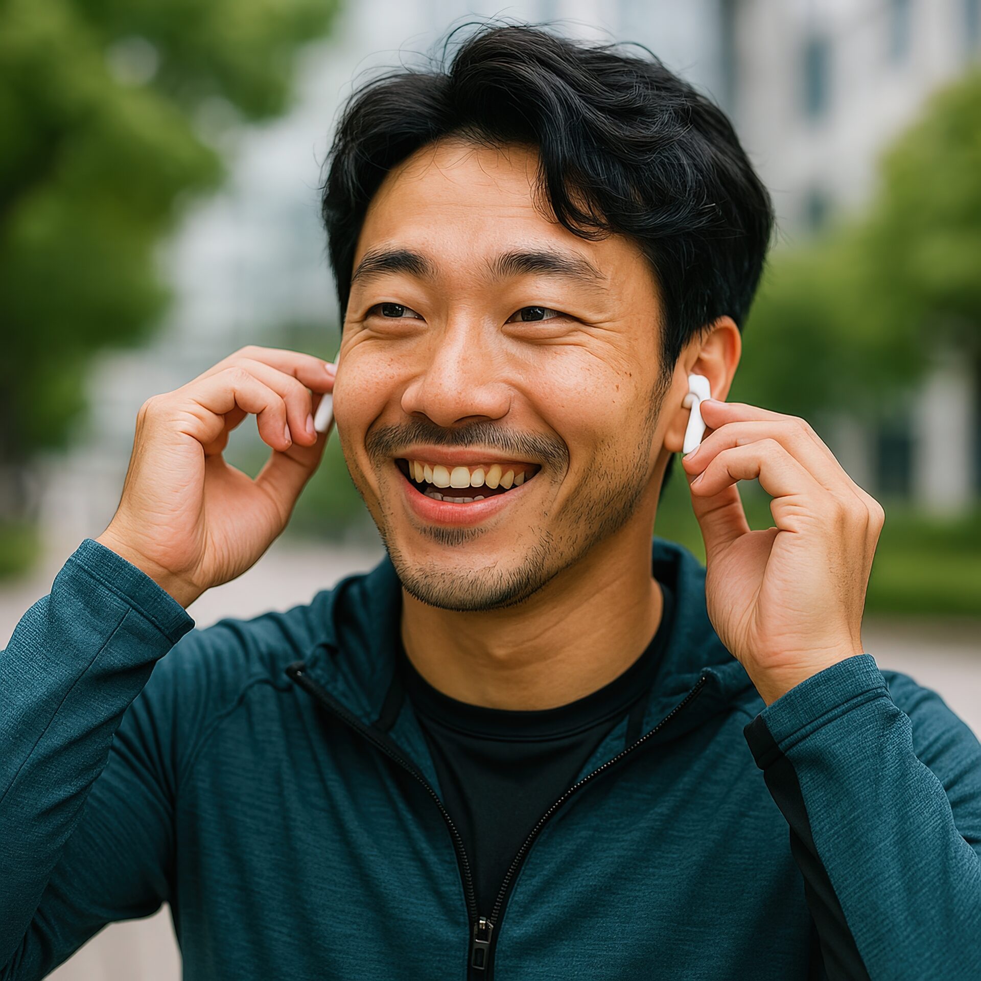 両耳にイヤホンを装着する人