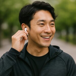 笑顔でイヤホン操作をする人