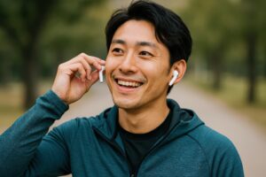 笑顔でイヤホンをつける男性