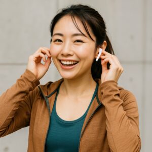 ワイヤレスイヤホンを操作する女性