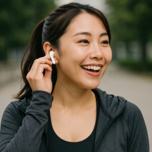笑顔でイヤホンを装着する女性
