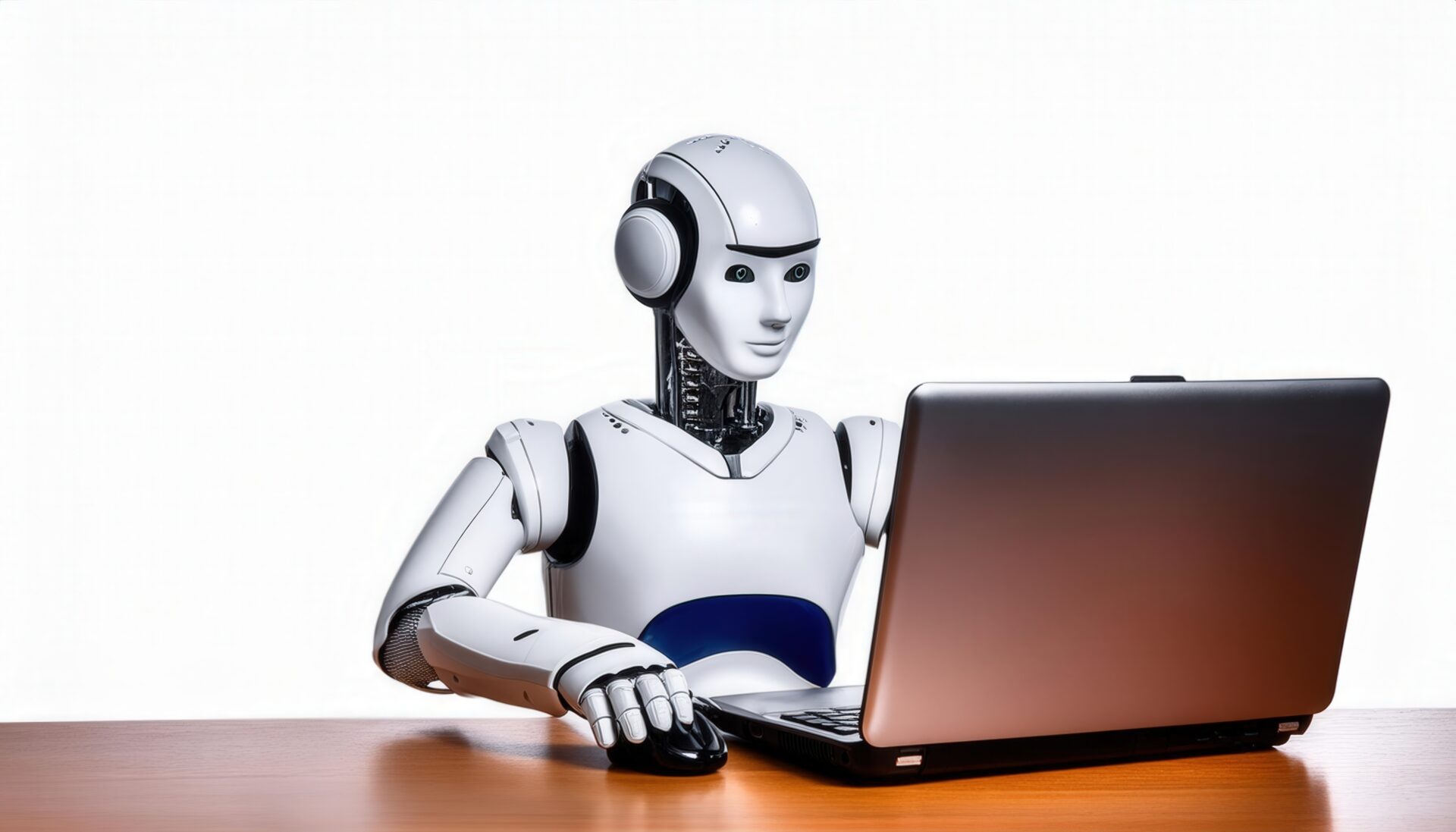 ノートパソコンを操作する笑顔のロボット