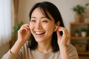 両耳で音楽を楽しむ女性