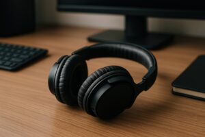 黒いヘッドホンとデスクの構成