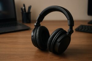 黒のヘッドホンが立てられたデスク風景