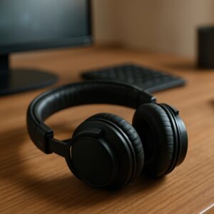 木製デスクに置かれたヘッドホン