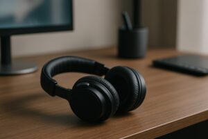 モニター前の黒いヘッドホン