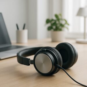 デスクに置かれたシルバーパネルのヘッドホン