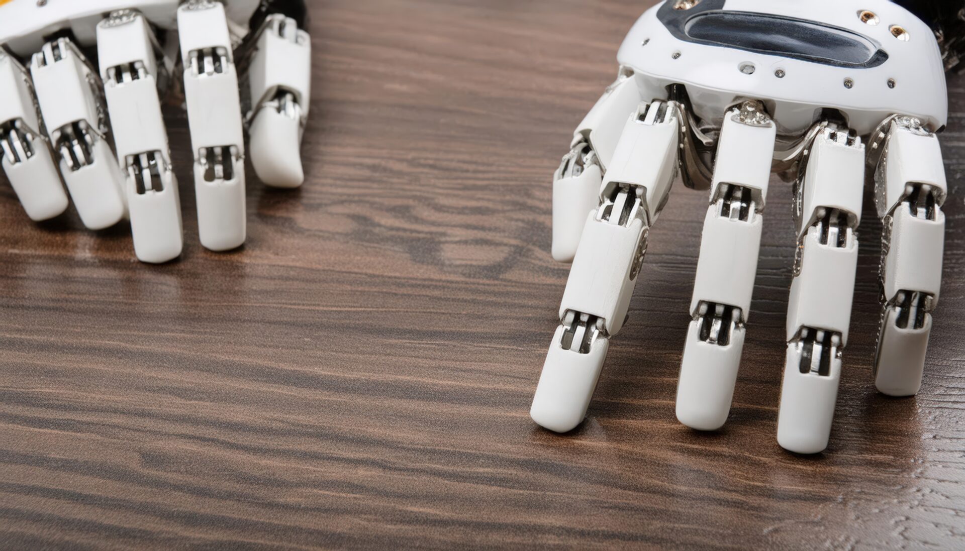 木目テーブル上のロボットの手のクローズアップ