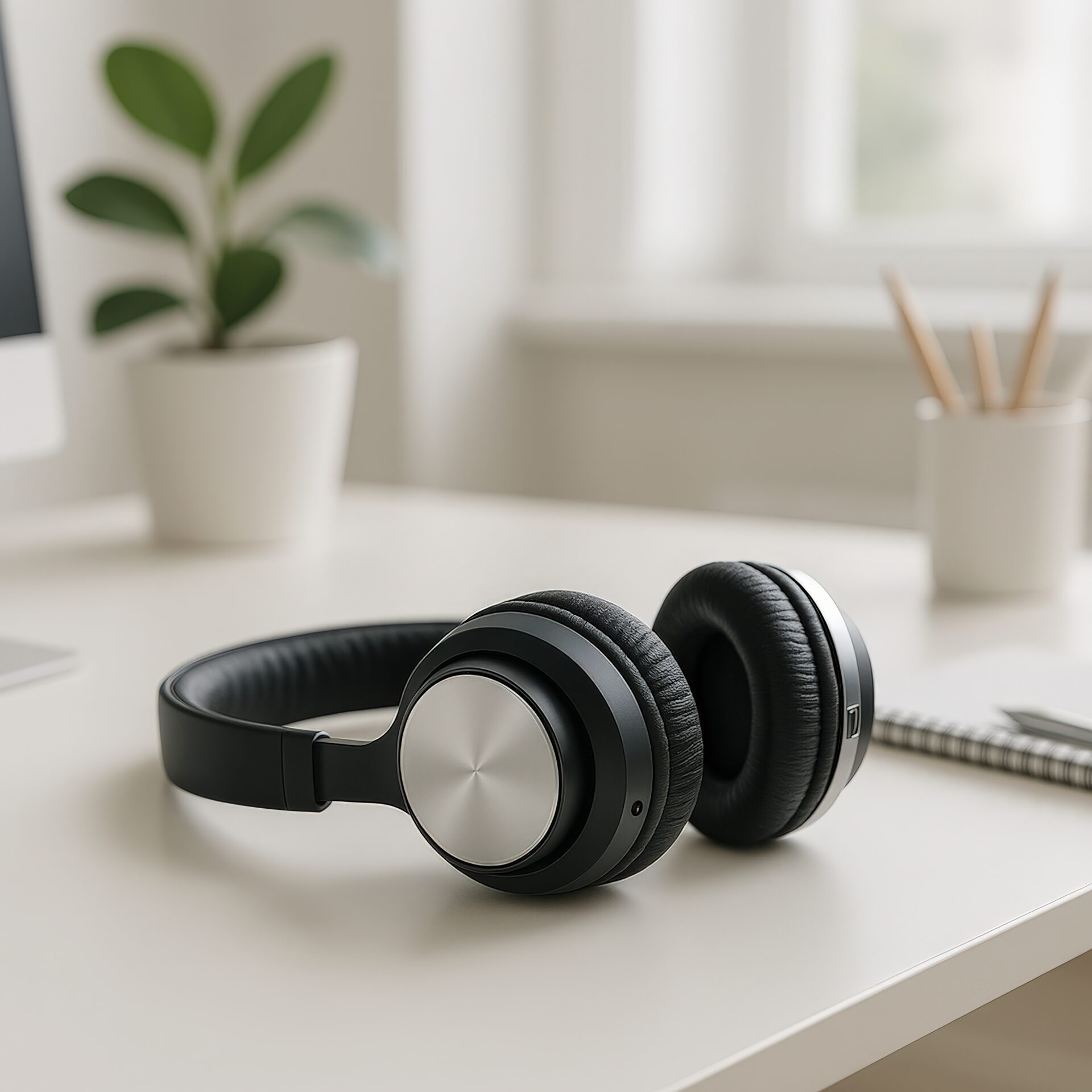 白いデスクと観葉植物とヘッドホン