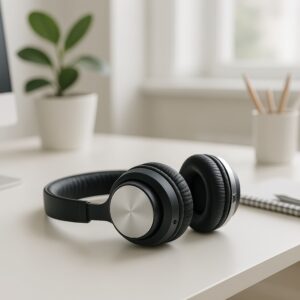 白いデスクと観葉植物とヘッドホン