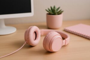ピンクのヘッドホンとデスク周辺