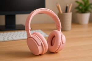 ピンクのヘッドホンと白いキーボード