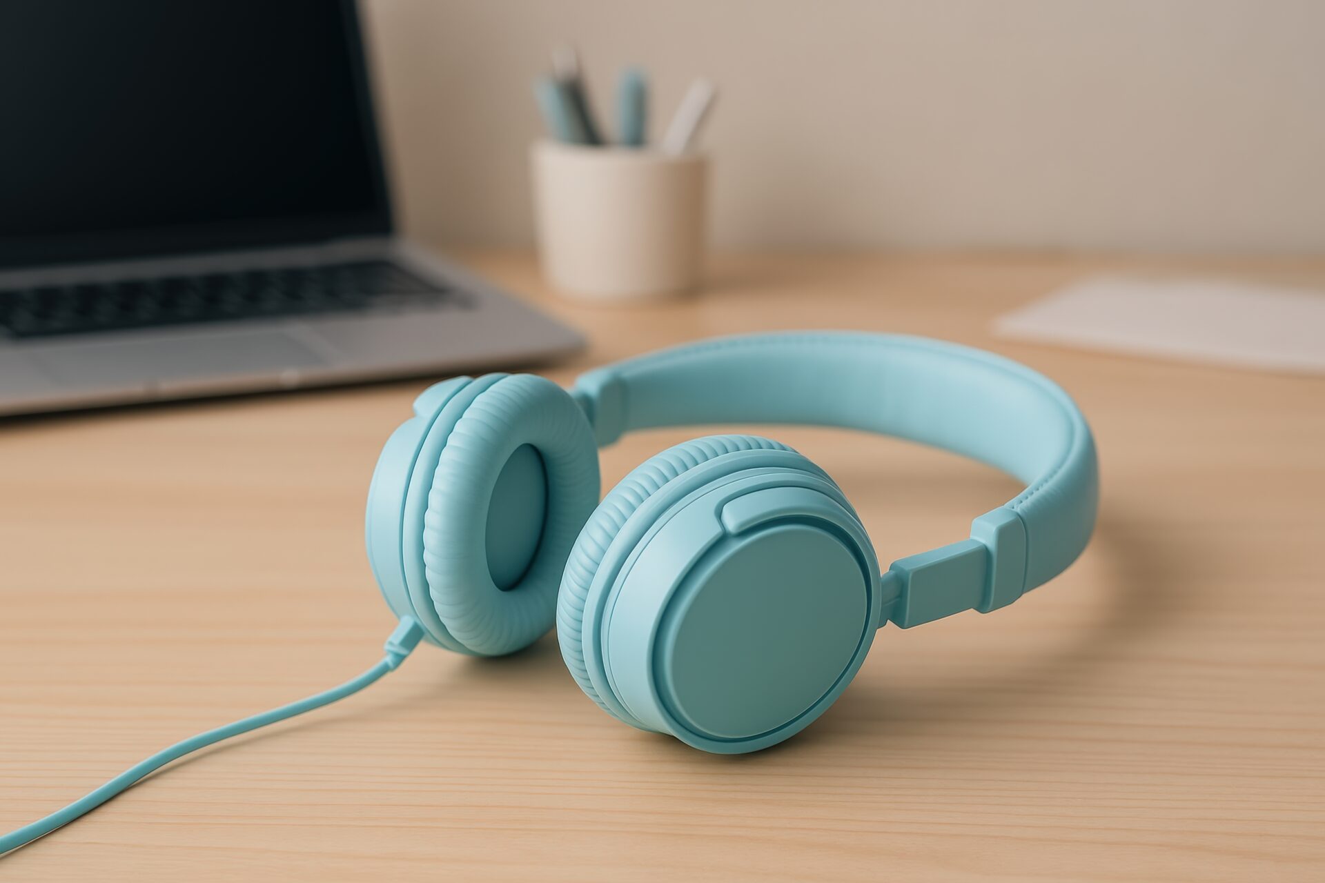 青いヘッドホンとノートパソコン