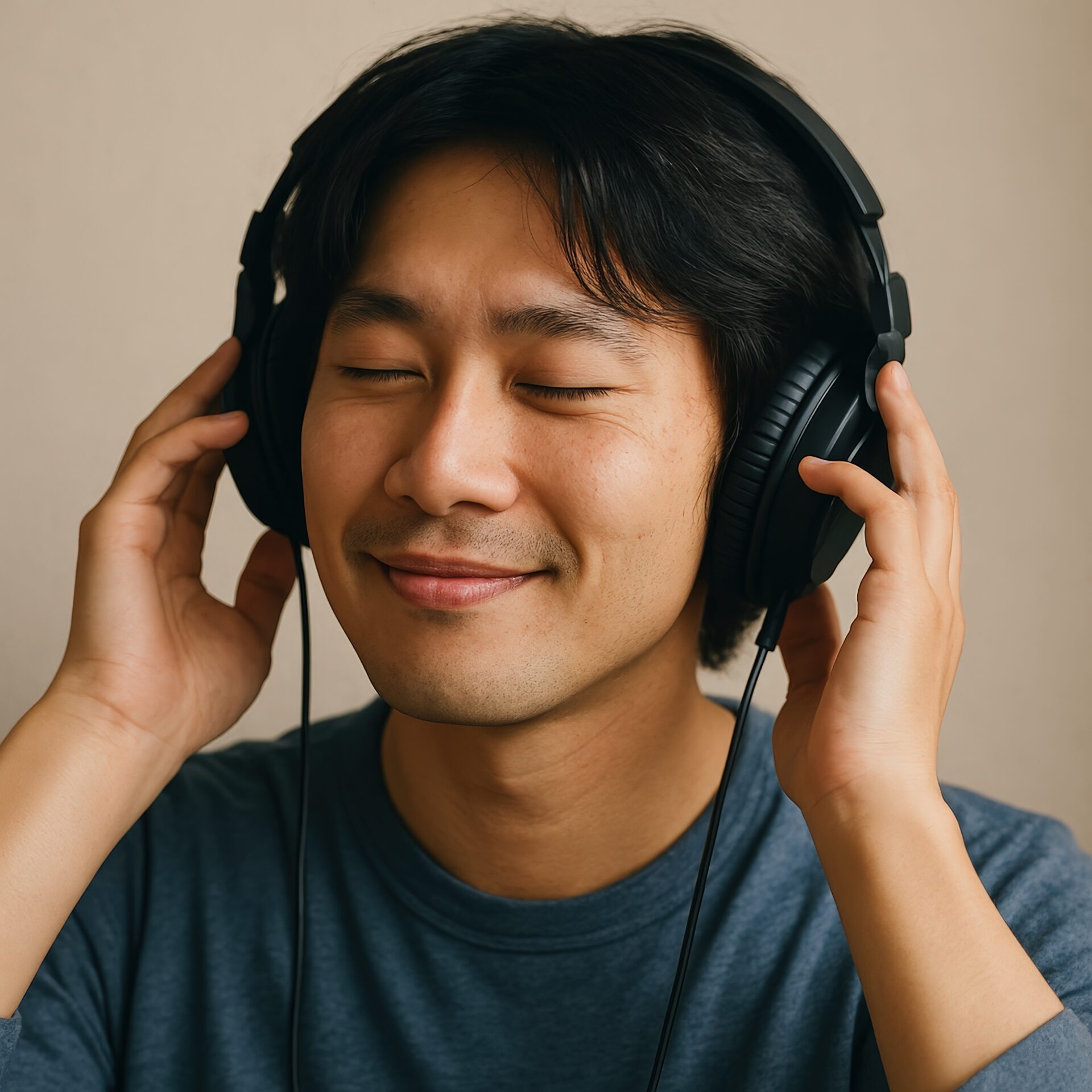 ヘッドホンで音楽を楽しむ男性（横顔）