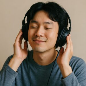 ヘッドホンで音楽を楽しむ男性（正面）