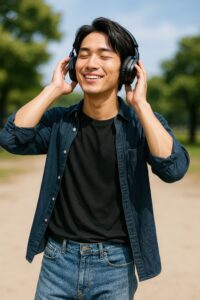 公園で音楽を聴く若者