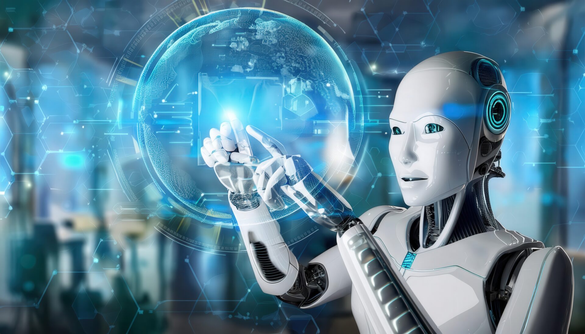 未来的なインターフェイスに触れるロボット