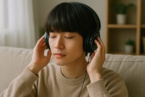 ヘッドホンで音楽に浸る男性（ベージュ）