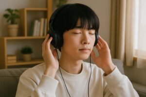 音楽に集中する男性の室内ポートレート