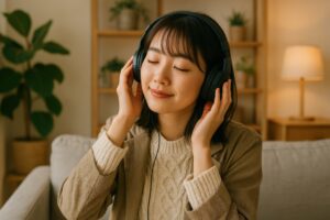 くつろいだ雰囲気で音楽を楽しむ女性