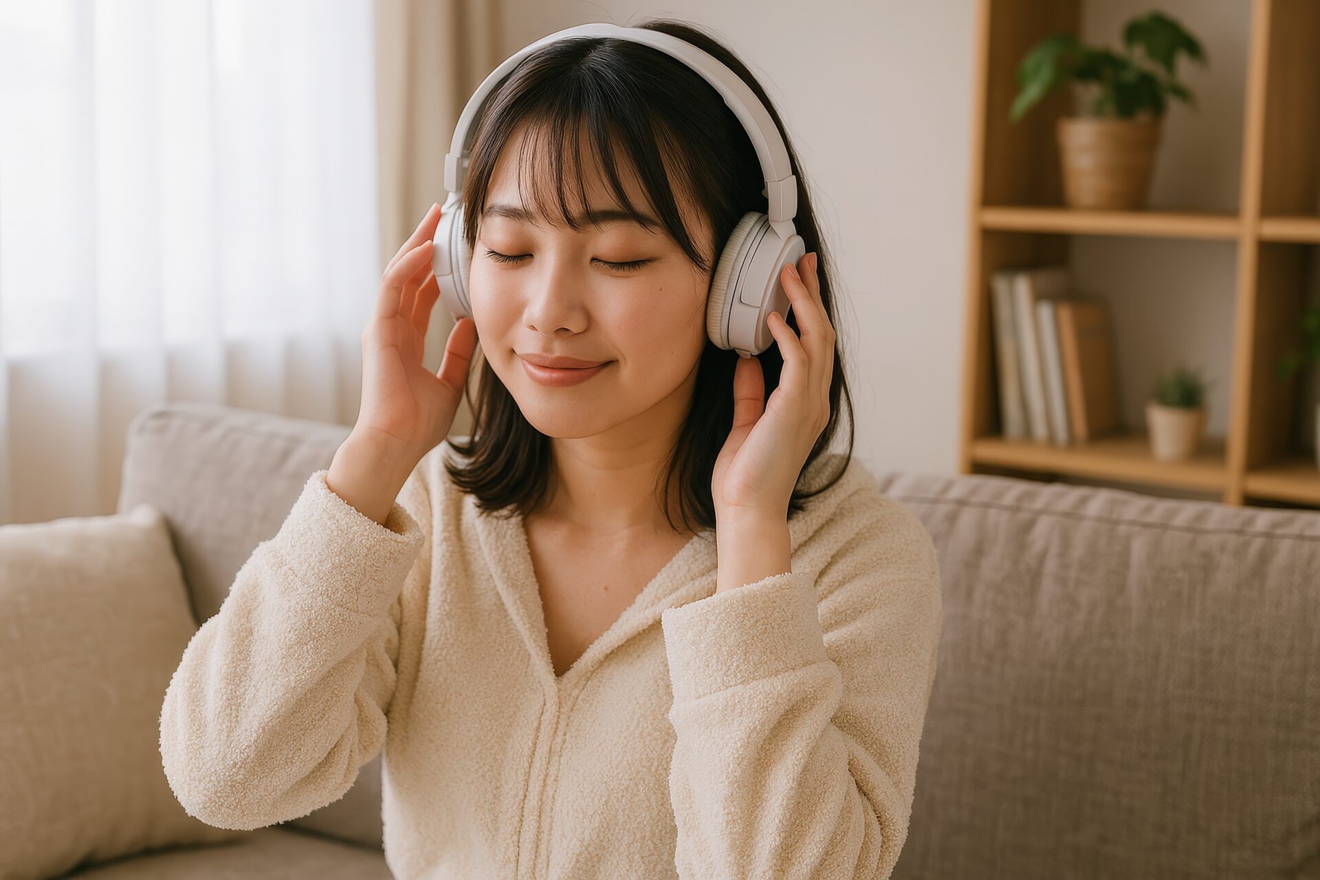 白いヘッドホンで音楽を楽しむ女性