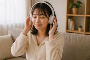 白いヘッドホンで音楽を楽しむ女性