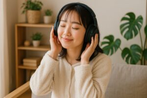 ヘッドホンで音楽を楽しむ女性と観葉植物