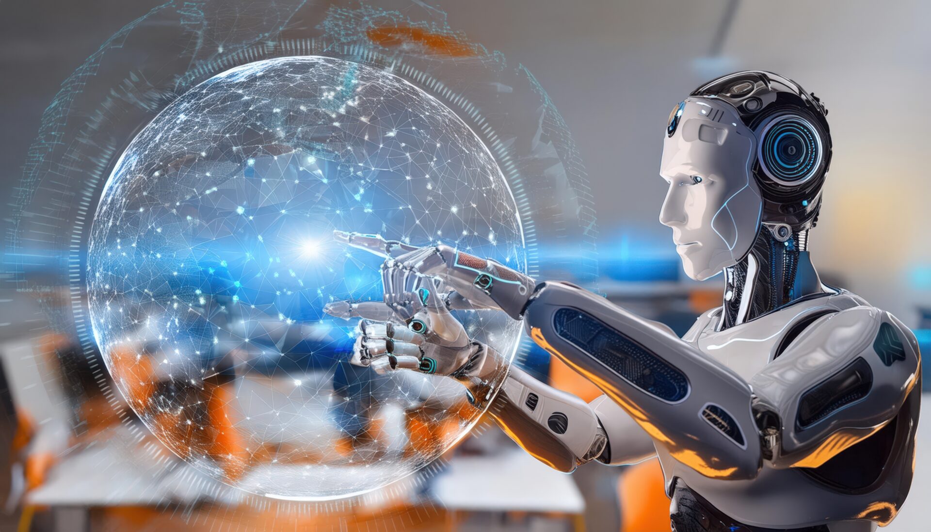 地球を指差しながら仮想空間に触れるロボット