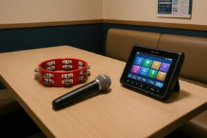 カラオケ機器と赤いタンバリン