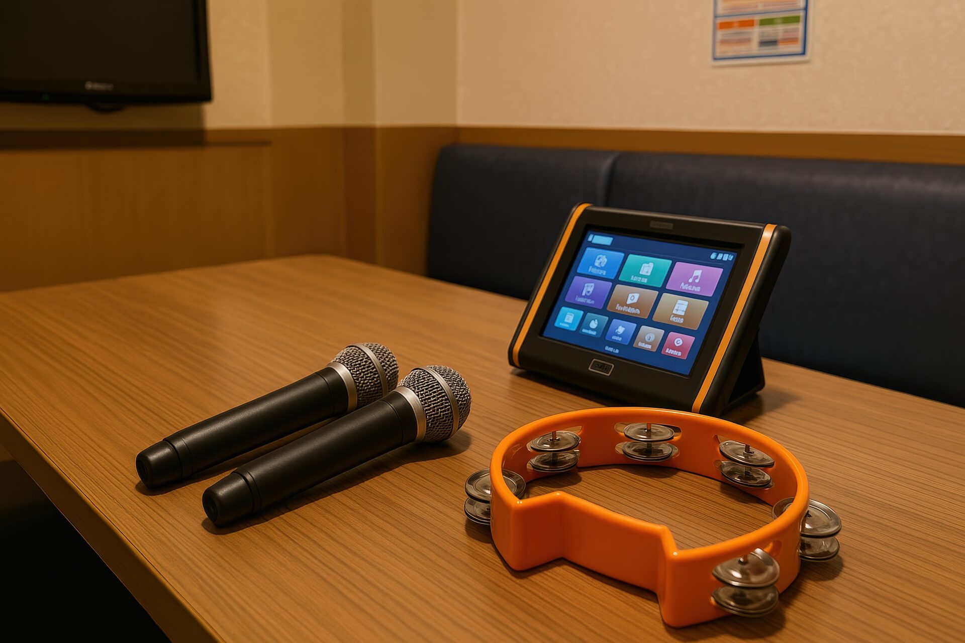 カラオケルームのマイクと端末とオレンジタンバリン