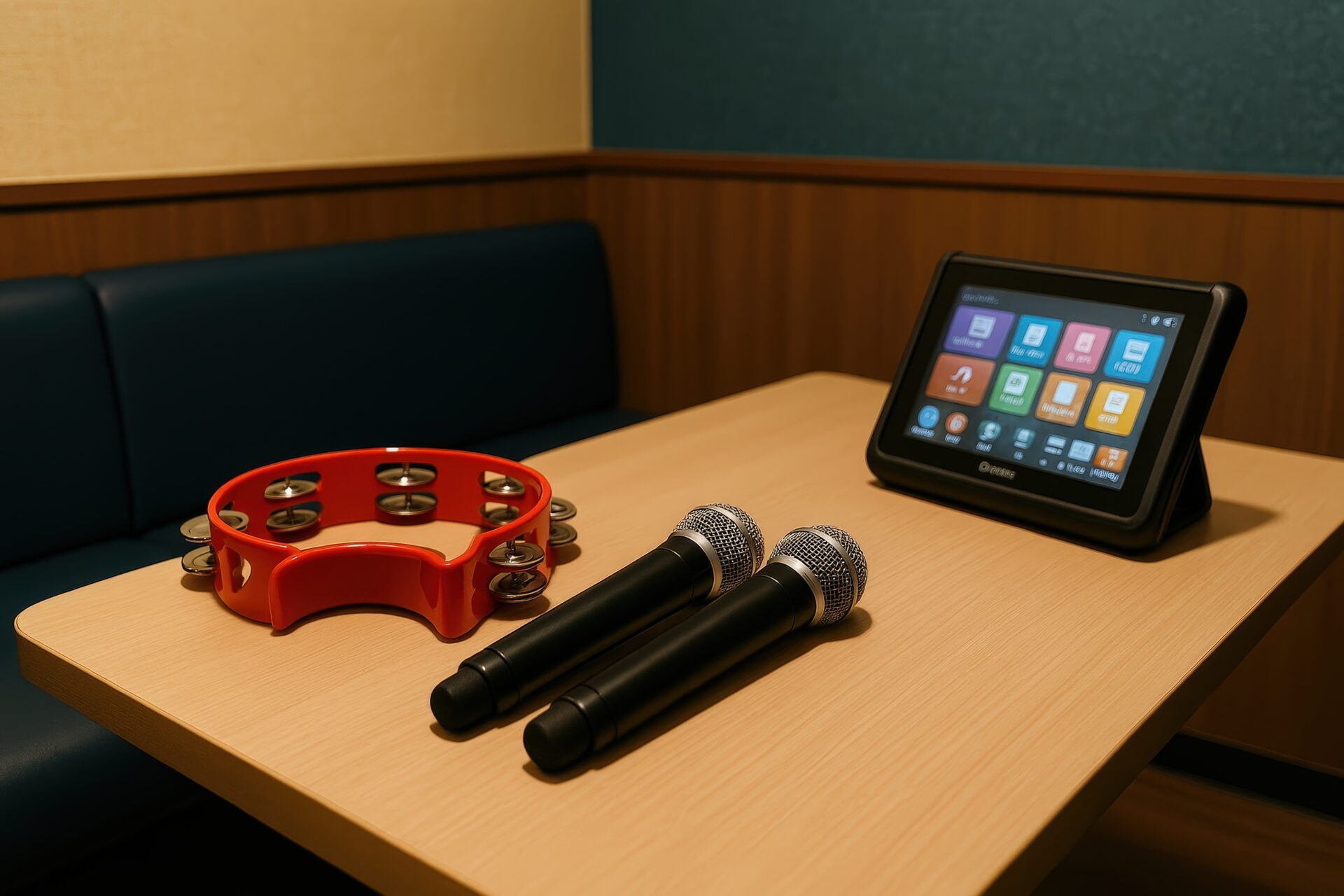 カラオケルームの赤いタンバリンとマイク